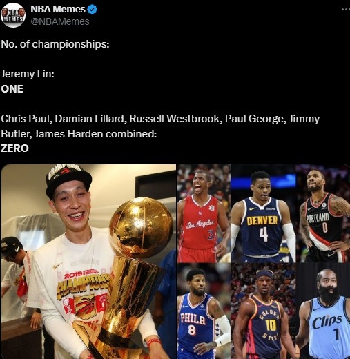九游体育APP-美媒调侃：哈登&amp;保罗&amp;利拉德&amp;威少&amp;乔治等加起来0冠 林书豪有一冠